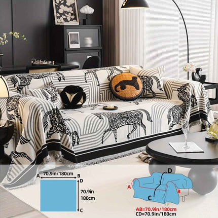 Luxurious Chenille Horse Design Sofa Cover Decor in Orange & Green