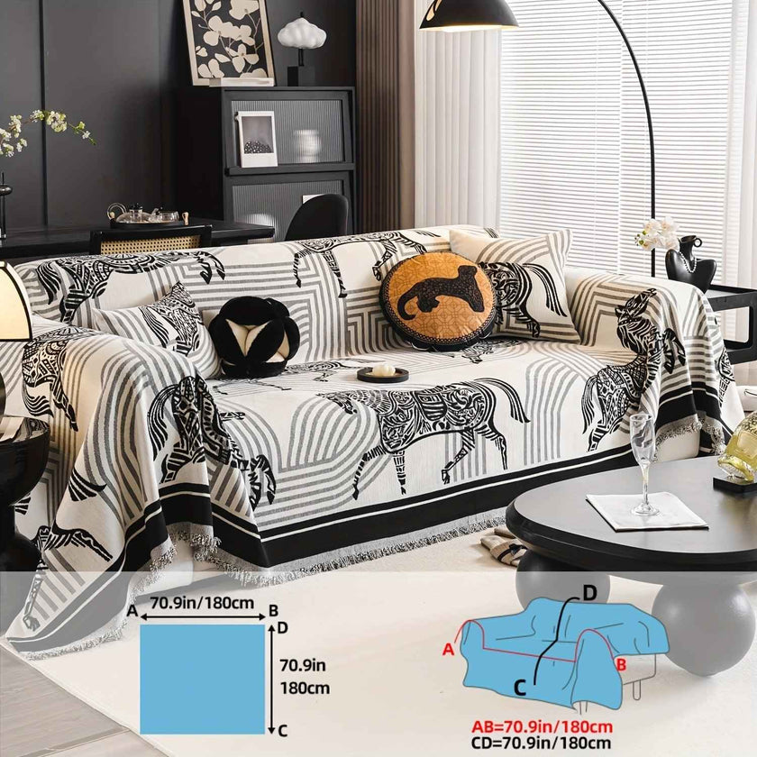 Luxurious Chenille Horse Design Sofa Cover Decor in Orange & Green