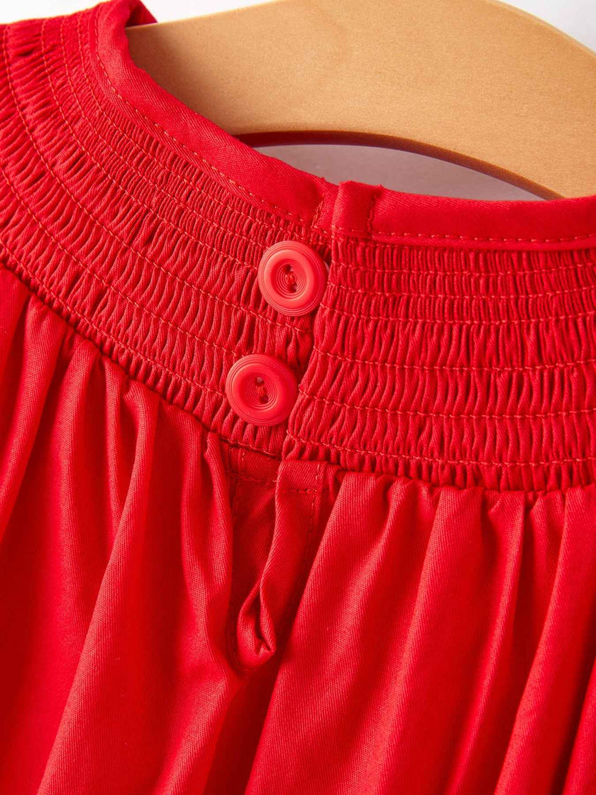 Girls Bow Smocking Embroidered Red Dress