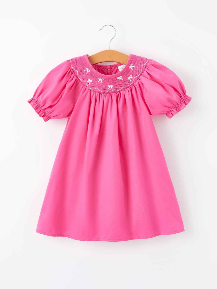 Girls Bow Smocking Embroidery Hot Pink Dress