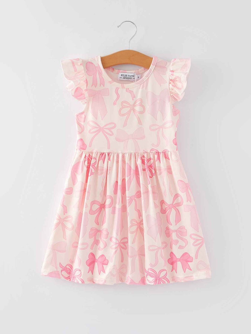 Bow Print Flying Sleeve Girls Dress