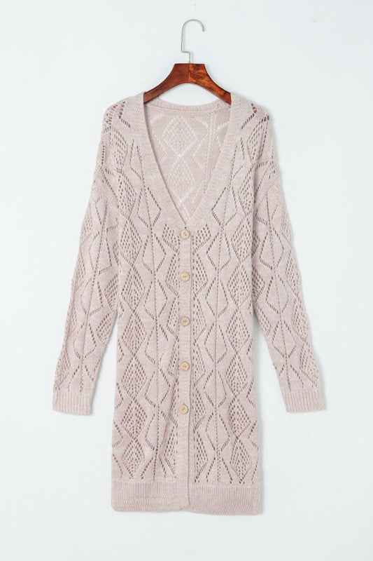 Solid Openwork Knit Button-Up Cardigan