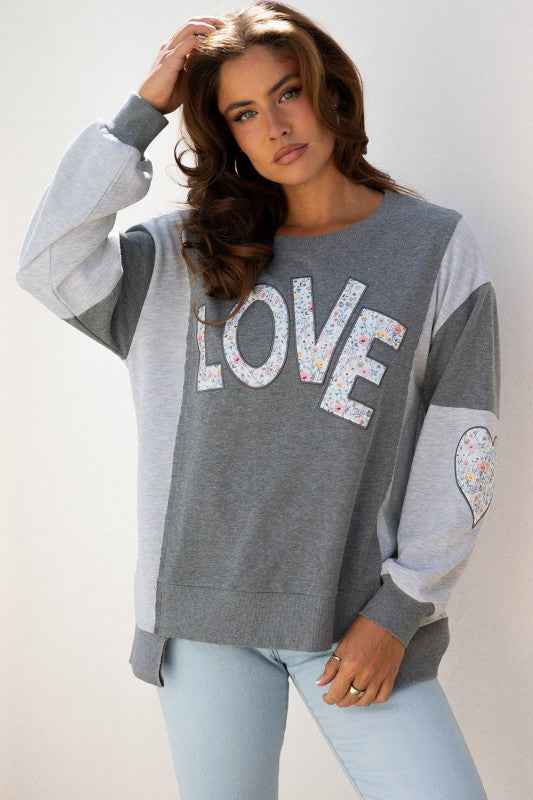 Floral LOVE Reverse Seam Patchwork Long Sleeve Swe