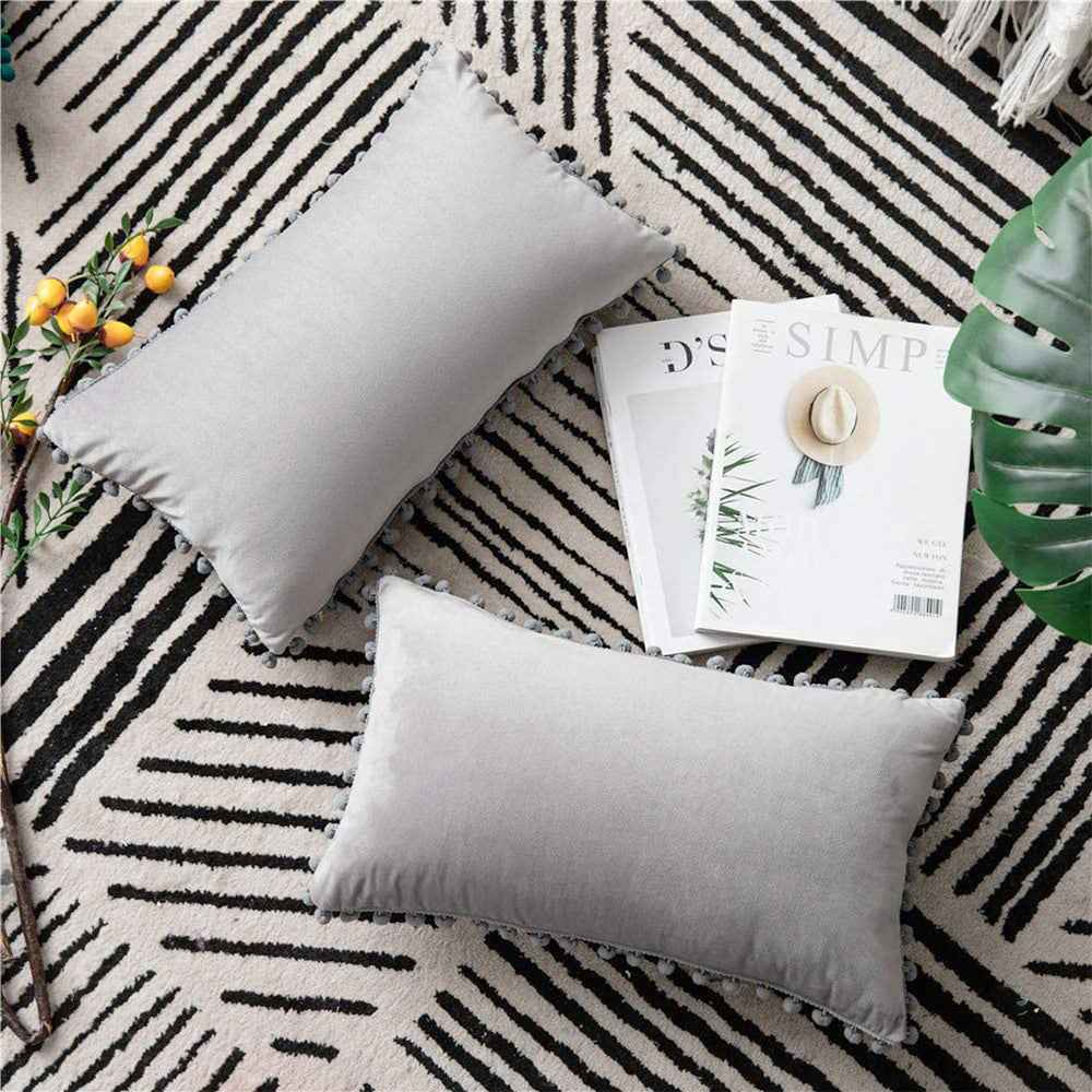 12''x20'' velvet pom-pom lumbar support throw pillow | 7 colors soft & playful ball trim design | chic lumbar & accent pillow | insert included
