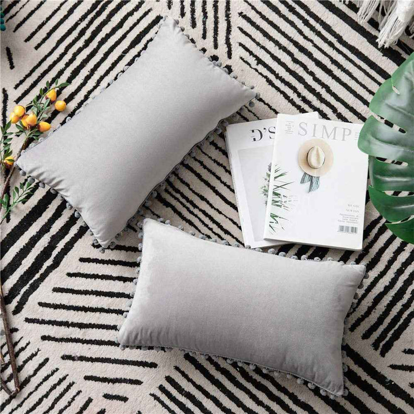 12''x20'' velvet pom-pom lumbar support throw pillow | 7 colors soft & playful ball trim design | chic lumbar & accent pillow | insert included