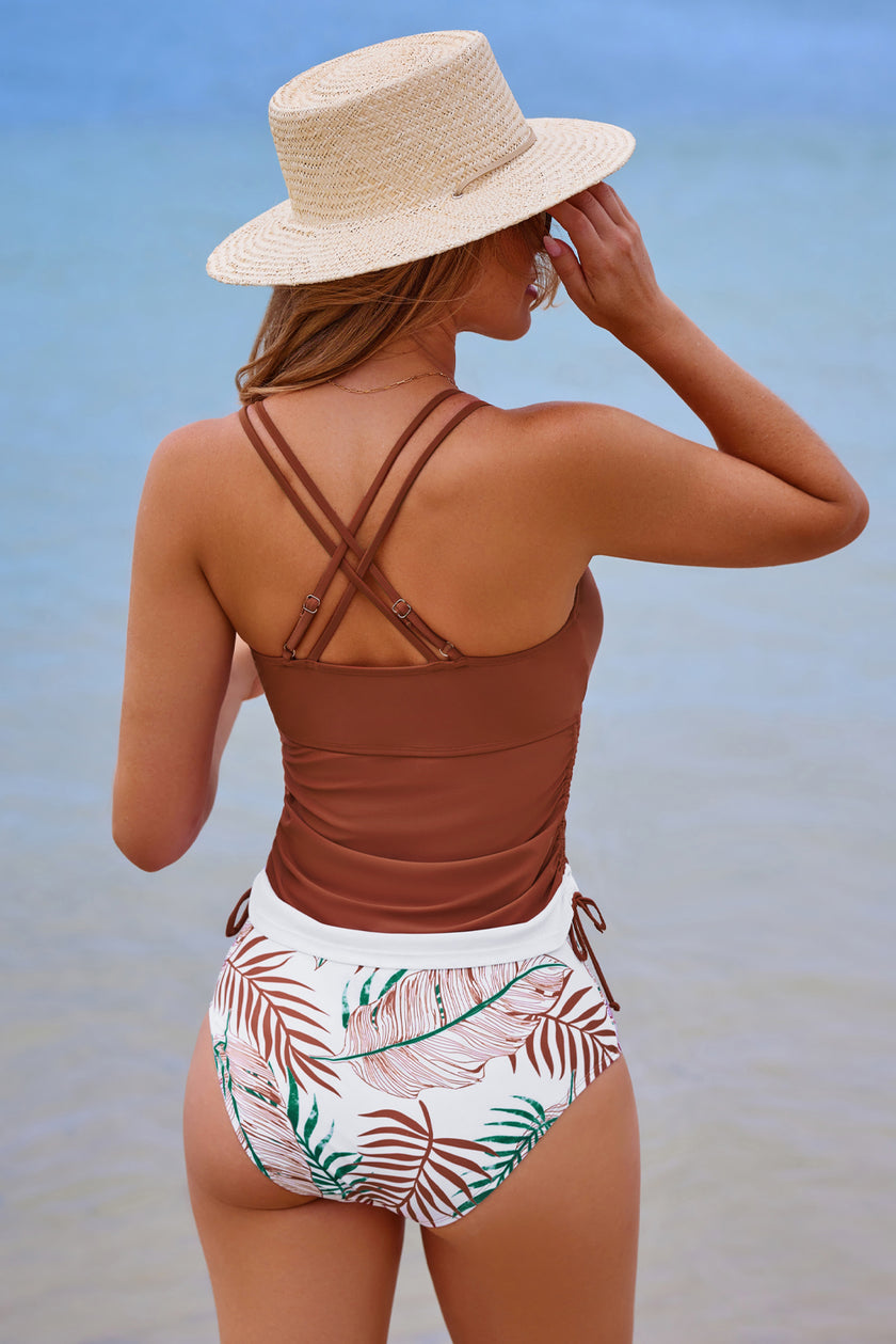 Blue Stripe Drawstring Tummy Control Mix-and-match 2pcs Tankini Swimsuit - Pikemla