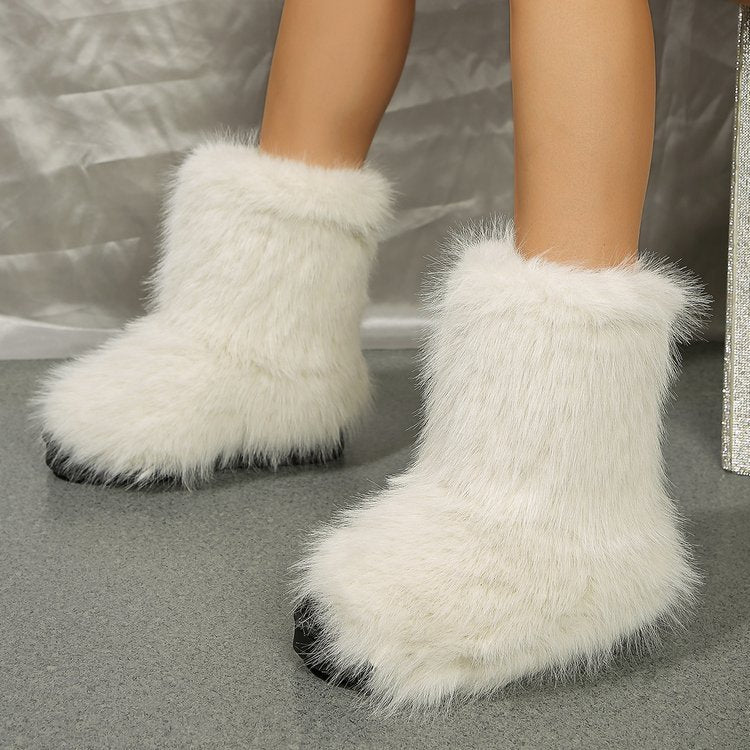 Long Plush Snow Boots Winter Warm Mid-tube Furry Cotton Shoes For Women Short Boot