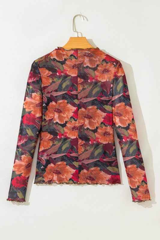 Floral Mesh Lettuce Trim Long Sleeve Top