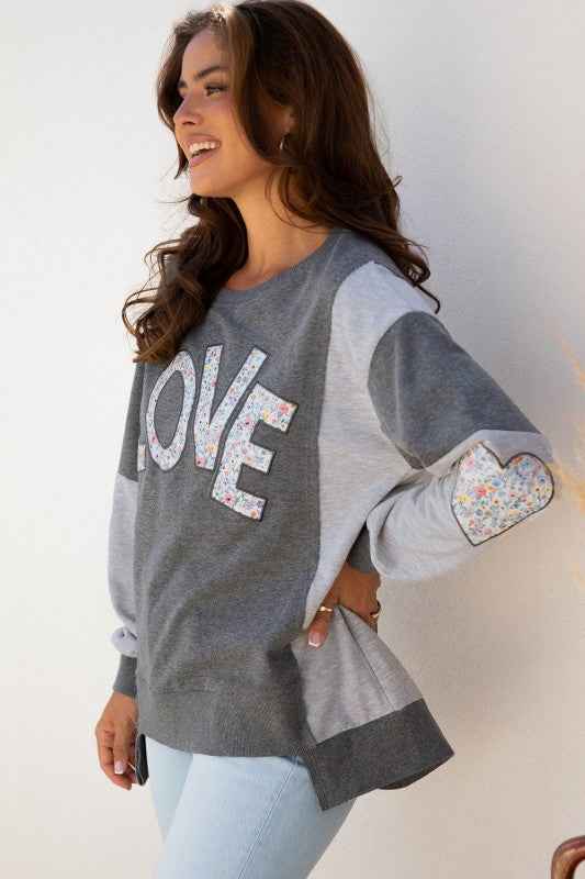 Floral LOVE Reverse Seam Patchwork Long Sleeve Swe