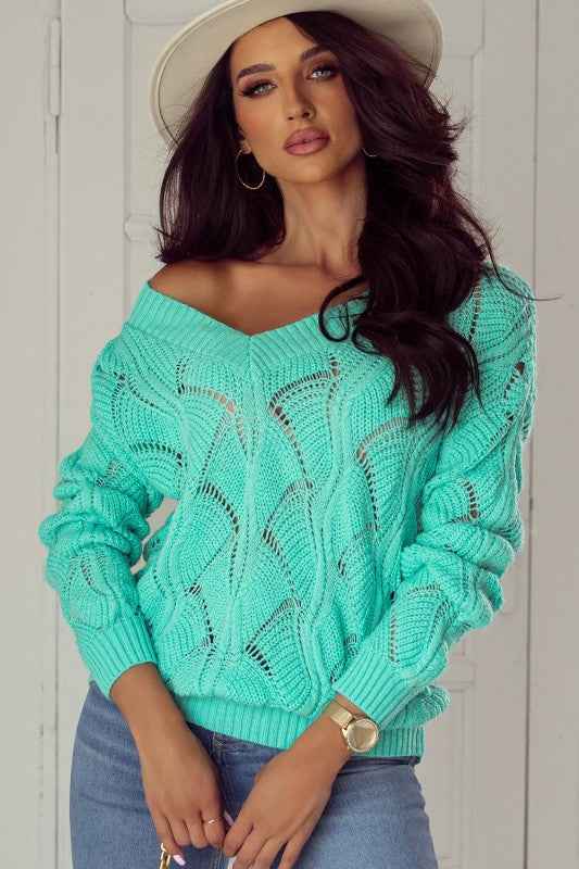 Hollow-Out Knit V-Neck Drop Shoulder Sweater