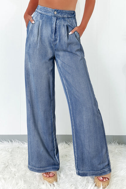 Dusk Blue Acid Wash Wide Leg High Waist Jeans - Pikemla