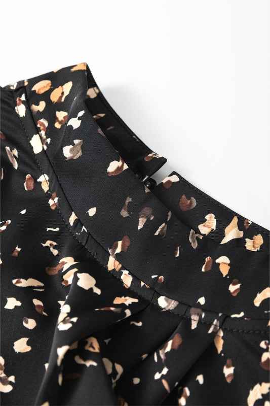 Leopard Lantern Sleeve Pleated Blouse