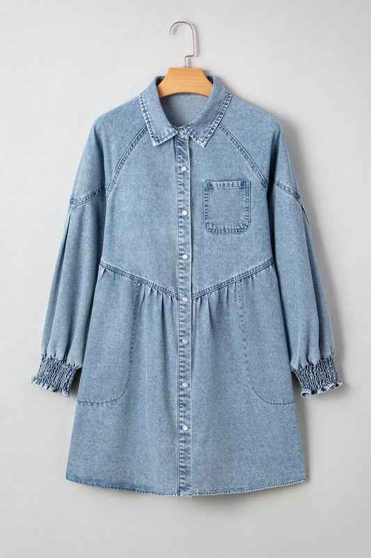 Denim Smocked Cuffs Shirt Mini Dress