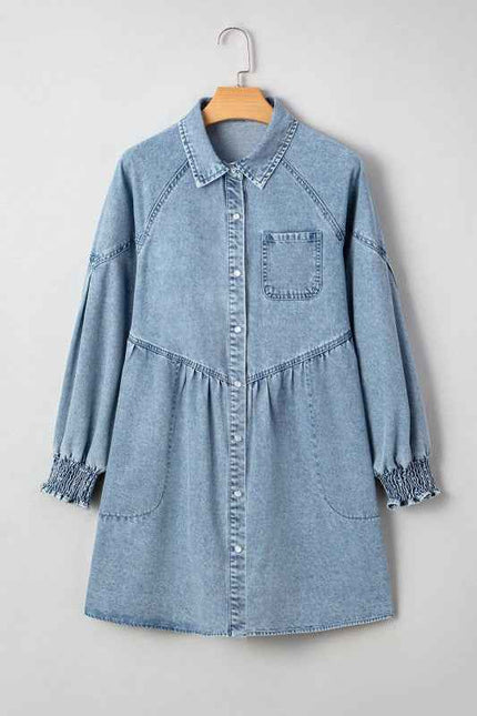 Denim Smocked Cuffs Shirt Mini Dress