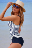 Blue Stripe Drawstring Tummy Control Mix-and-match 2pcs Tankini Swimsuit - Pikemla