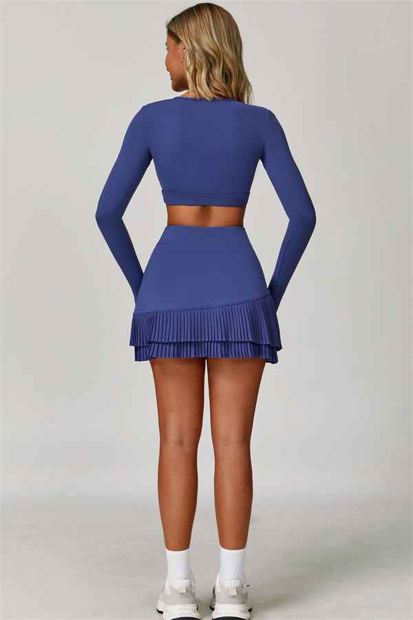 The Lavish Long Sleeve Cut-out Crop Top Tennis Skirt 2-Piece Set