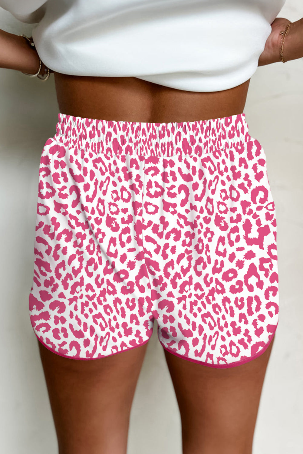 White Leopard Elastic Waist Lace up Contrast Trim Casual Shorts - Pikemla