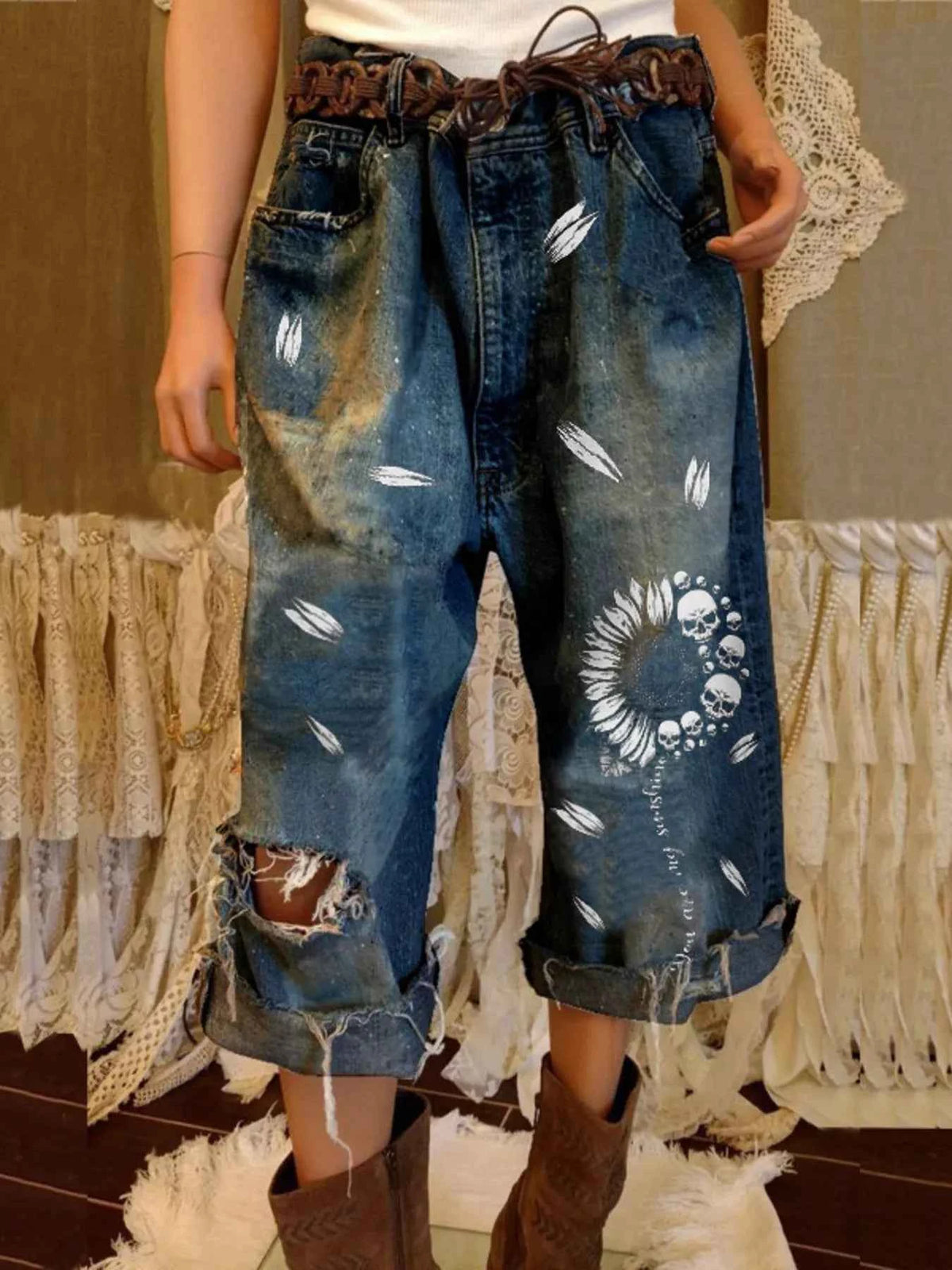 Full Size Distressed Skull Print Jeans Plus Size