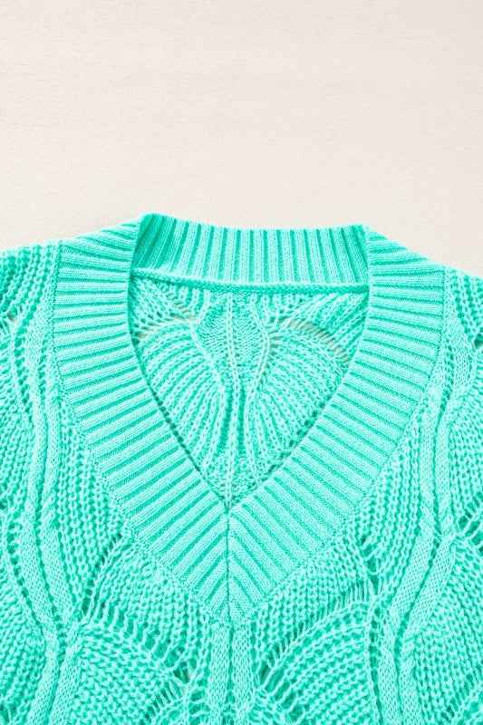 Hollow-Out Knit V-Neck Drop Shoulder Sweater