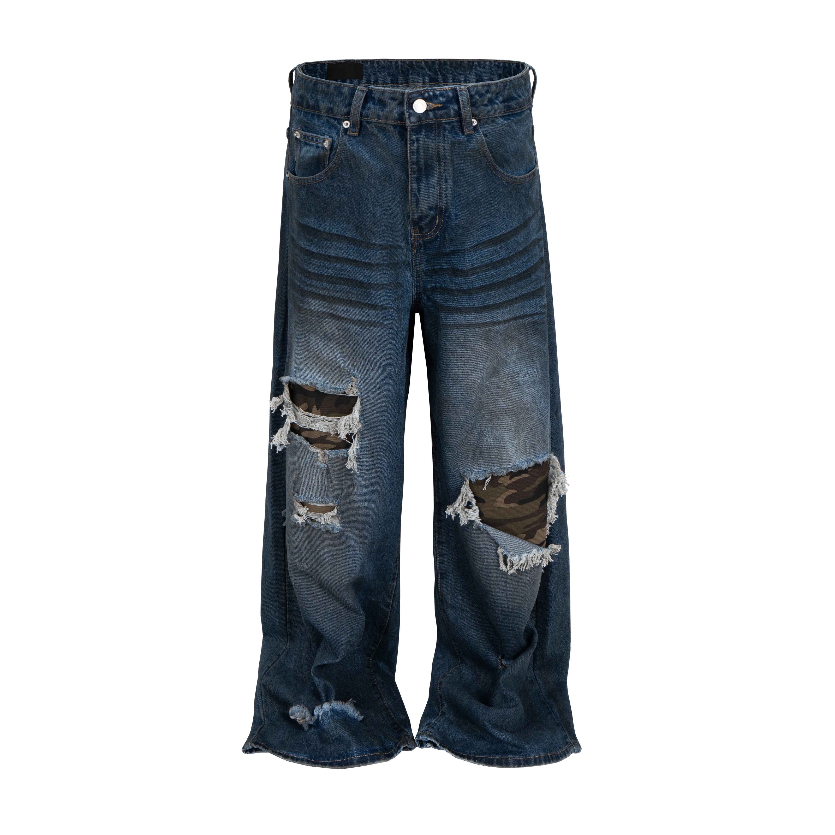 AZUL DISTRESSED CAMO PATCHWORK DENIM