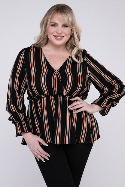 Striped Top With Ruffled Hem - Pikemla