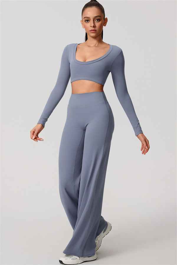 The Nestle Long Sleeve Crop Top Straight Leg Pants 2-Piece Set