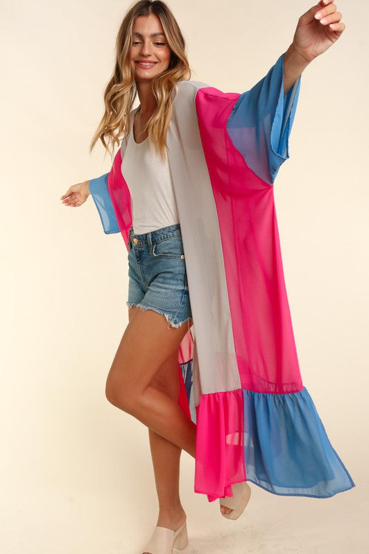 PLUS COLOR BLOCK KIMONO MAXI OPEN CARDIGAN - Pikemla