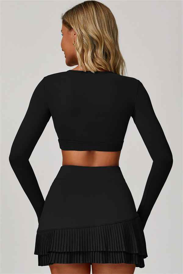 The Lavish Long Sleeve Cut-out Crop Top Tennis Skirt 2-Piece Set