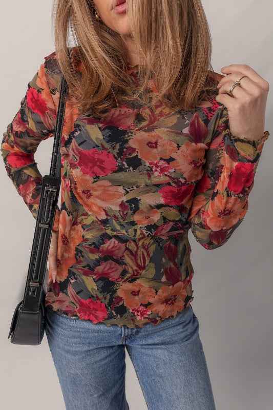 Floral Mesh Lettuce Trim Long Sleeve Top