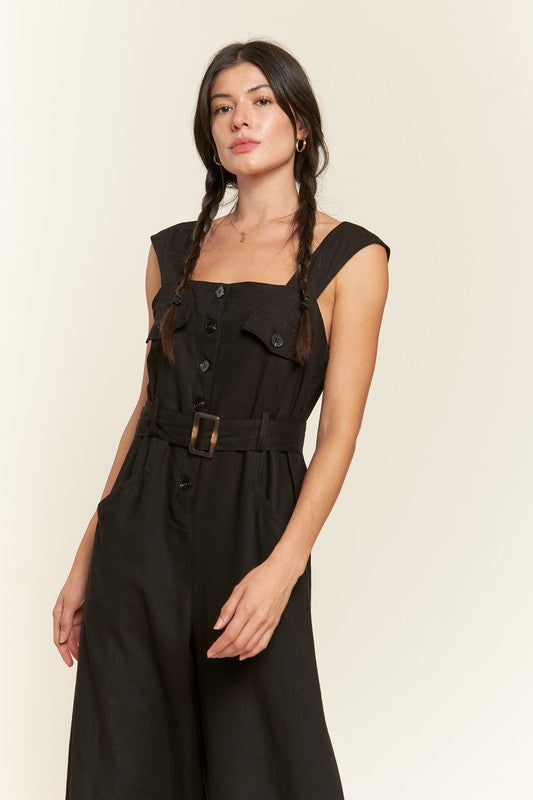 PLUS SLEEVELESS SQUARE NECK BUTTON ANKLE JUMPSUIT - Pikemla