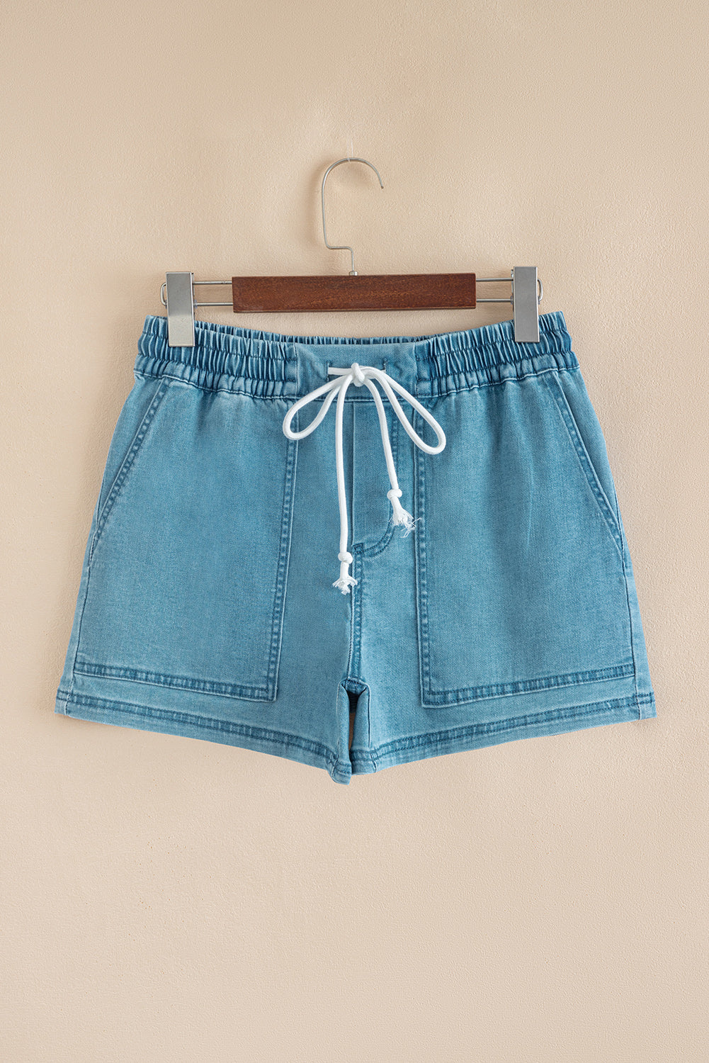 Beau Blue Contrast Drawstring Elastic Waist Denim Shorts - Pikemla