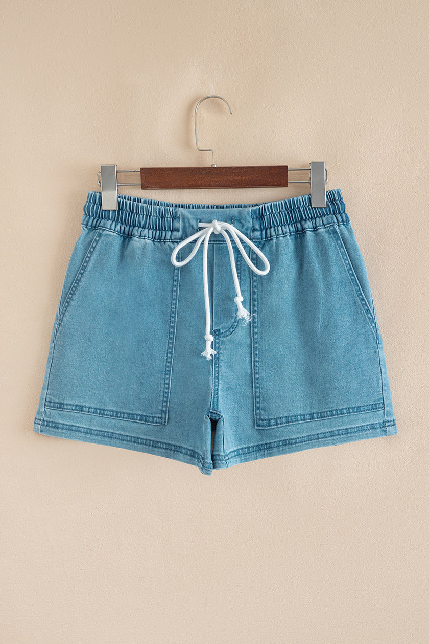 Beau Blue Contrast Drawstring Elastic Waist Denim Shorts - Pikemla