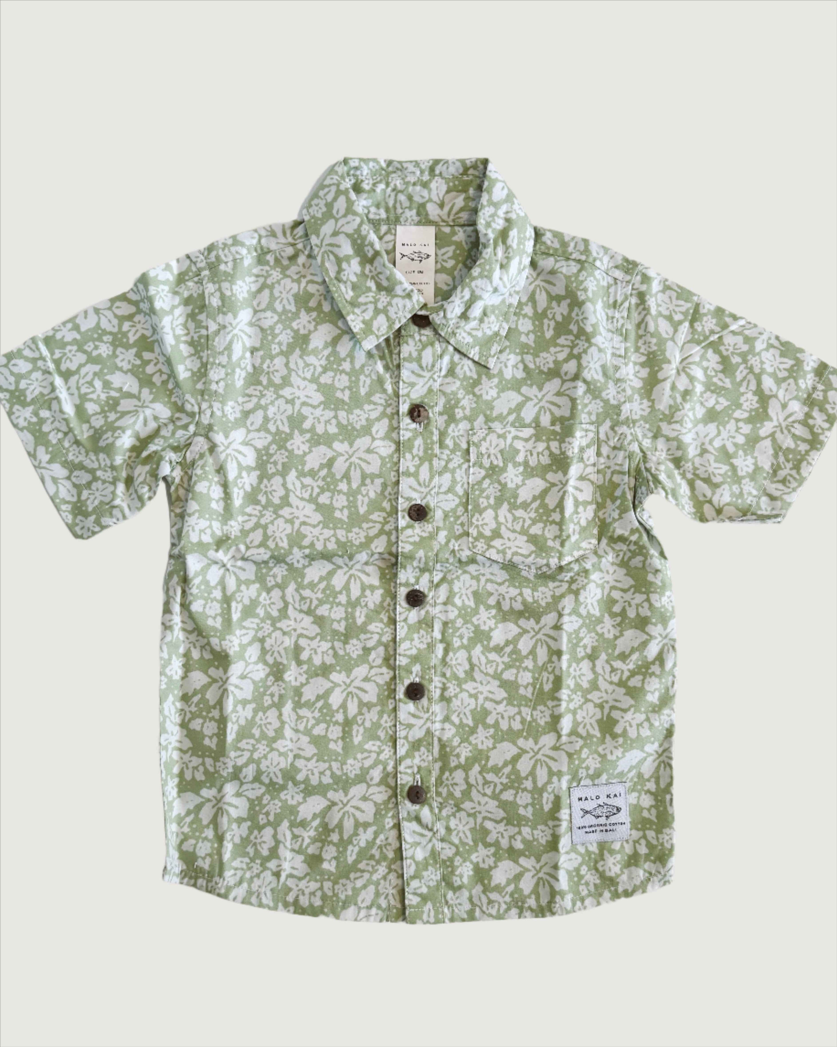 Green Hibiscus Kids Aloha Shirt