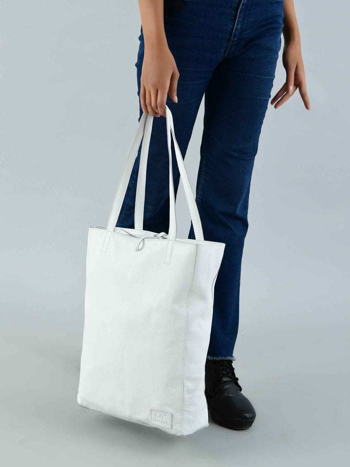 White Leather Shoulder Tote Bag