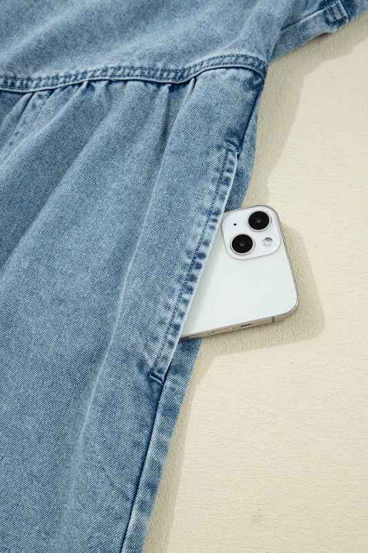 Denim Smocked Cuffs Shirt Mini Dress