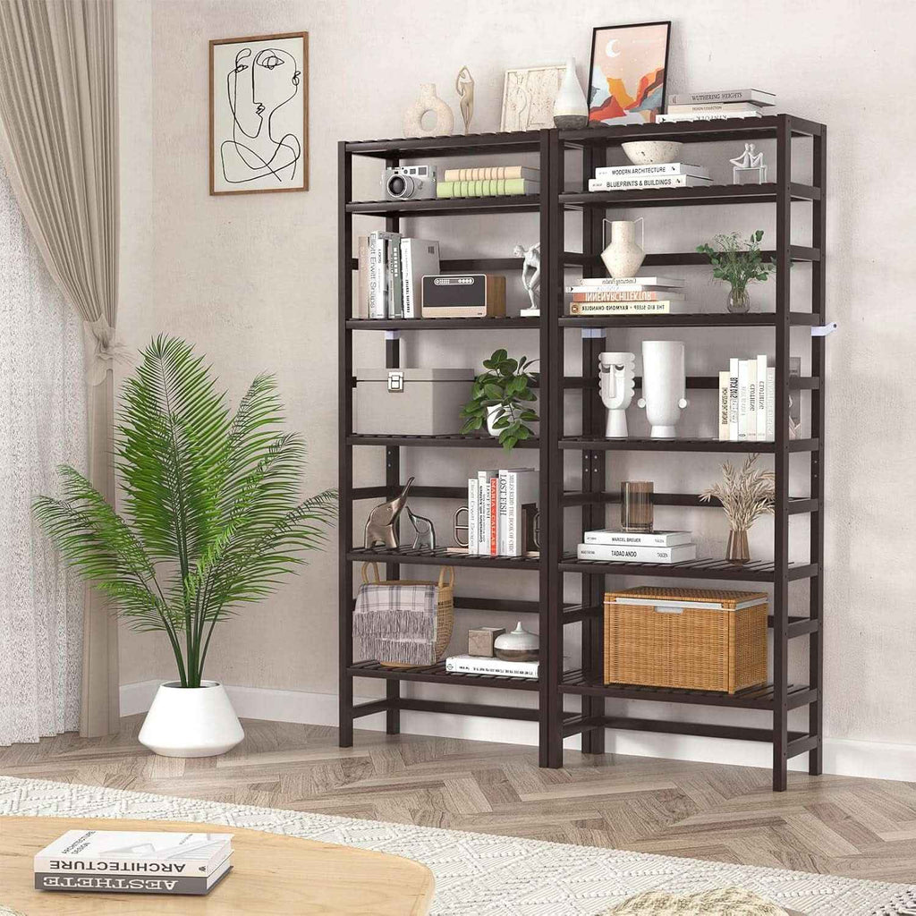 6-Tier Bamboo Bookcase Espresso 63.4 Inch Tall Freestanding Shelf