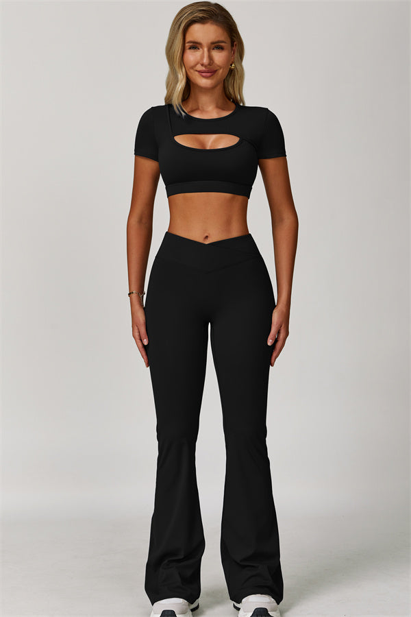 The Lavish Cut-out Crop Top Flared Leggings 2-Piece Set