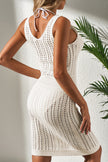 White Eyelet Crochet Sleeveless V Neck Beach Dress - Pikemla