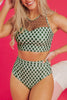Green Dotted Mesh Plaid Patchwork High Waisted Bikini - Pikemla