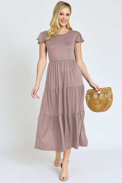 Solid Flutter Sleeve Tiered Tea Length Dress -Plus Sized - Pikemla