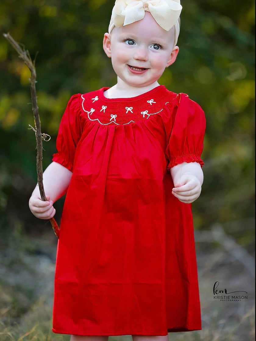 Girls Bow Smocking Embroidered Red Dress