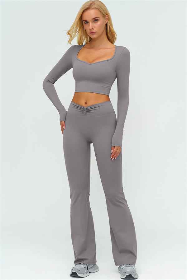 The Lushness Long Sleeve Crop Top Flared Leggings 2-Piece Set