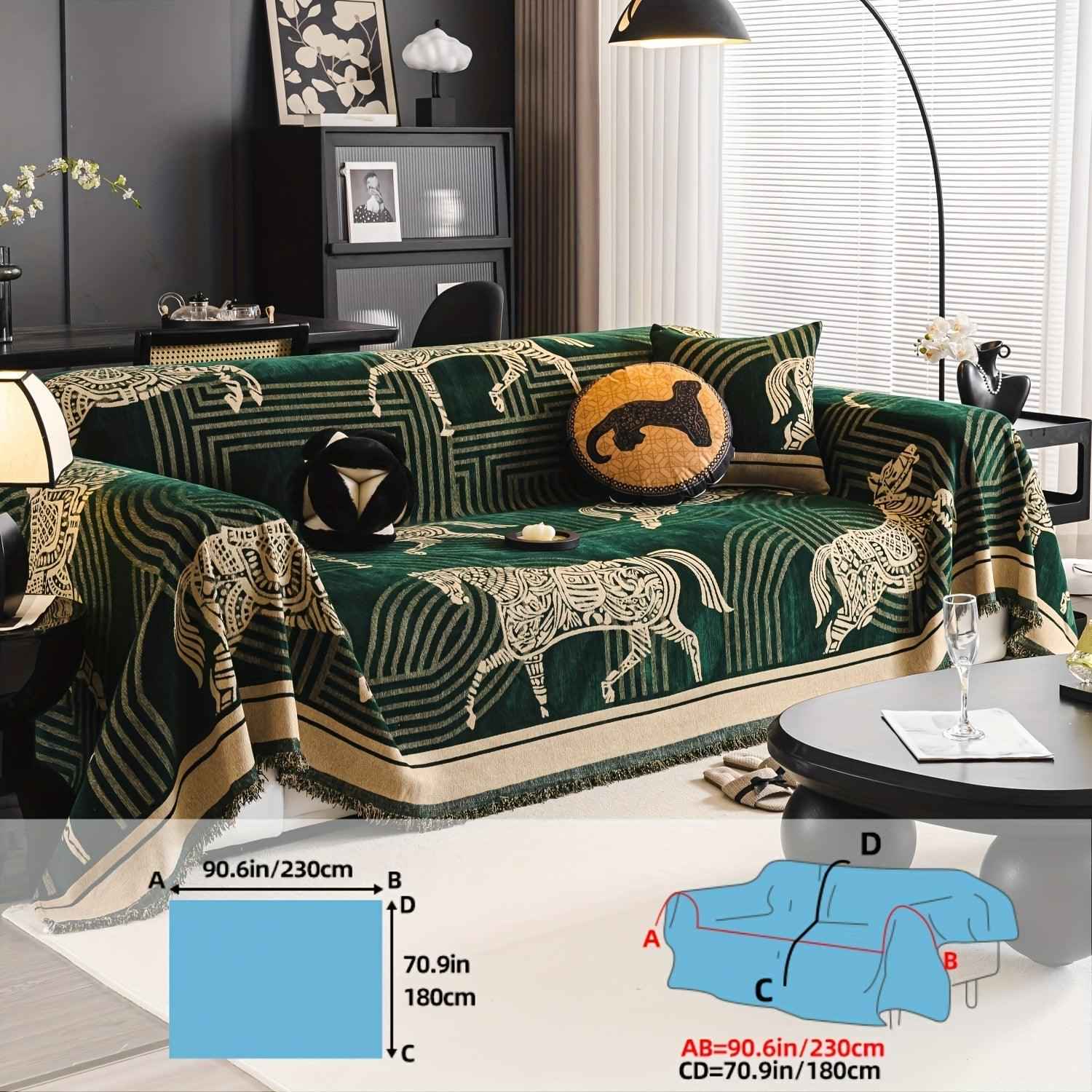 Luxurious Chenille Horse Design Sofa Cover Decor in Orange & Green