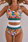 Green Floral Print Racerback Cutout High Waist 2pcs Bikini - Pikemla