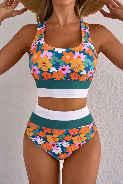 Green Floral Print Racerback Cutout High Waist 2pcs Bikini - Pikemla