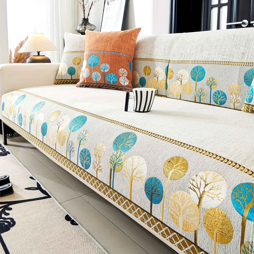 Pet Proof Couch Cover - Boho Chenille Sofa Cover with Tree Embroidery