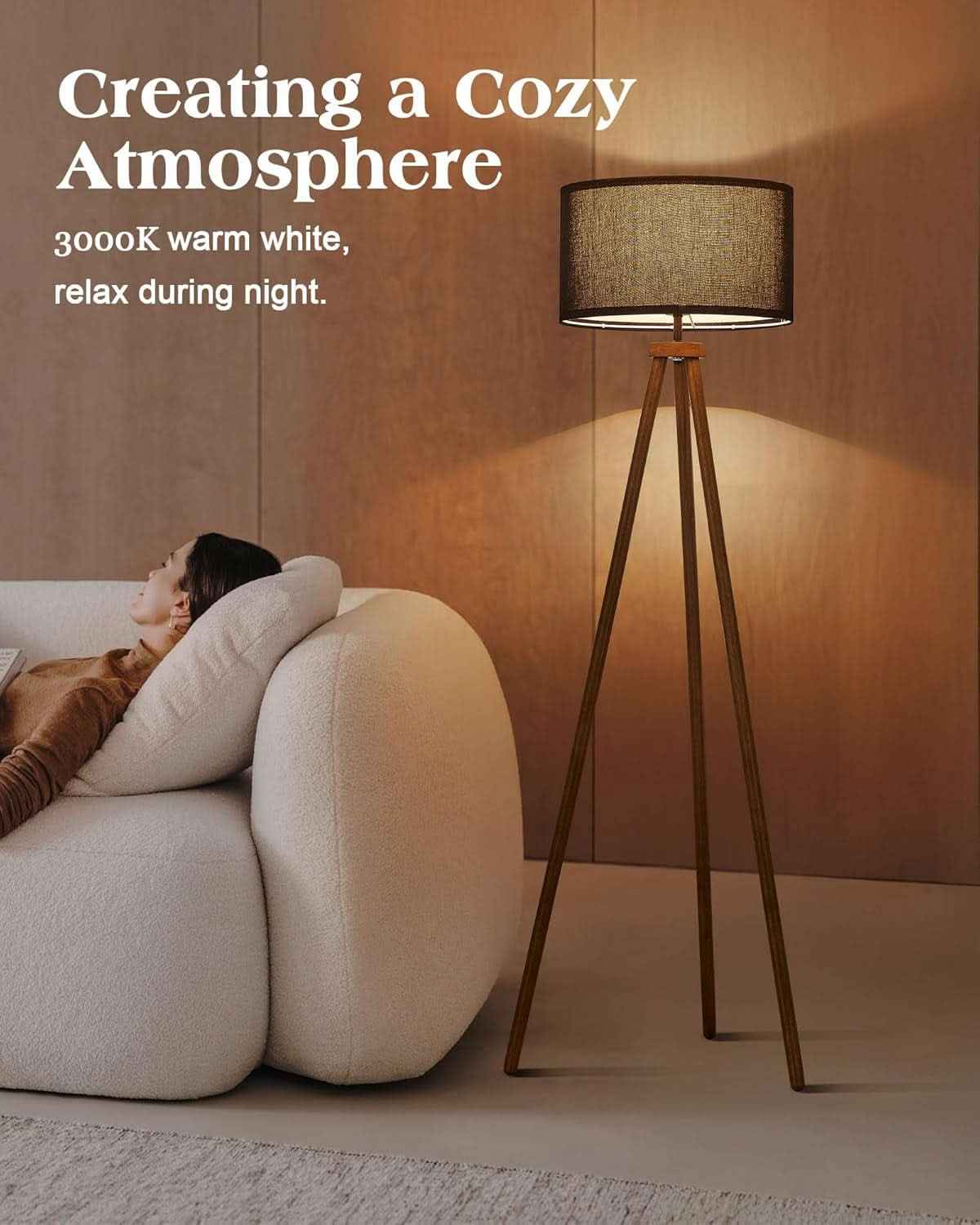 Walnut Wood Tripod Floor Lamp Color Temperature LED