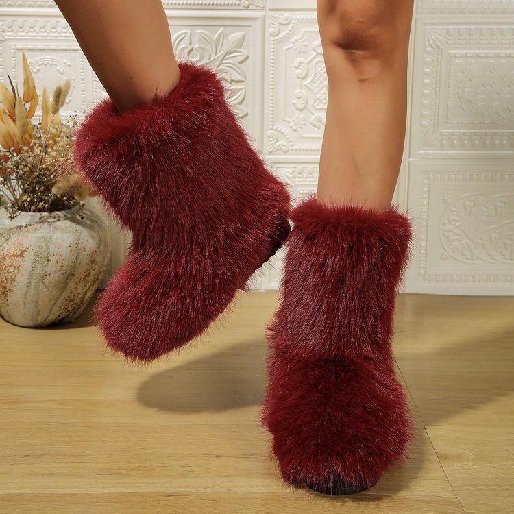 Long Plush Snow Boots Winter Warm Mid-tube Furry Cotton Shoes For Women Short Boot