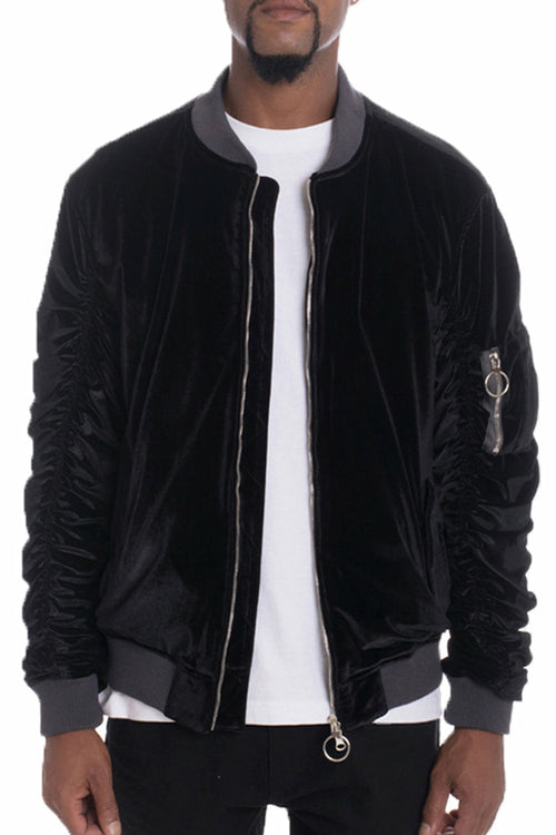 Velour Cinch Sleeve Bomber Jacket - Pikemla