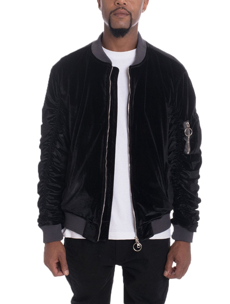 Velour Cinch Sleeve Bomber Jacket - Pikemla